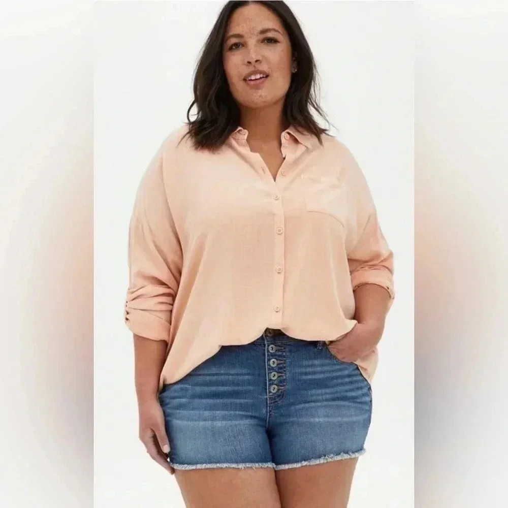 Torrid Rayon Slub Drop Shoulder Button Down Peach Nectar‎ Women Top Size 2